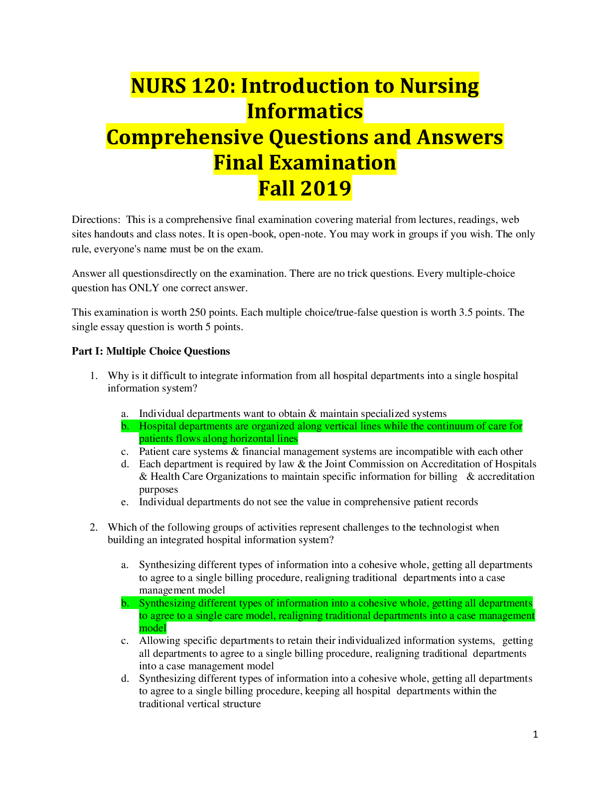 NURS 120: Introduction to Nursing Informatics Comprehensive Questions and Answers Final Examination Fall 2019